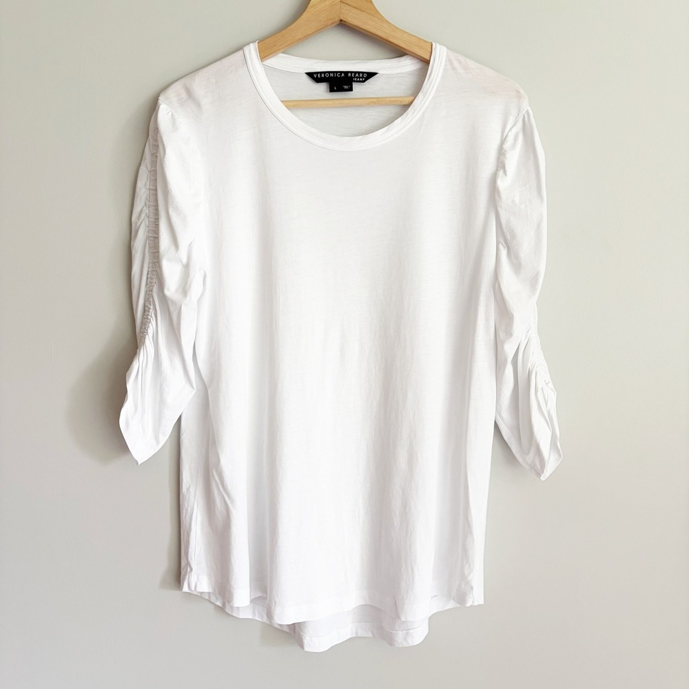 Veronica Beard Jeans Womens Shirt Size Large White Ruched Puff Sleeve Crew Neck